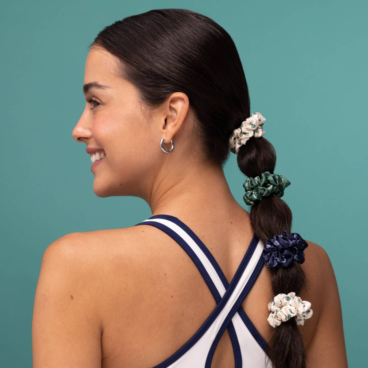 Ruched Satin Scrunchies 5pc Set - Cream, Court Green & Navy Blue