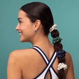 Ruched Satin Scrunchies 5pc Set - Cream, Court Green & Navy Blue