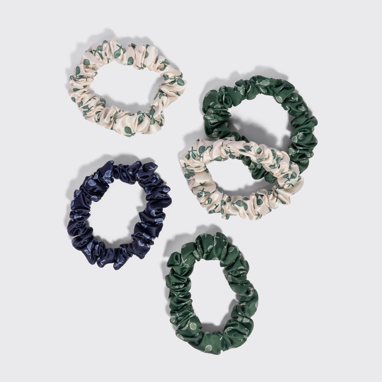 Ruched Satin Scrunchies 5pc Set - Cream, Court Green & Navy Blue
