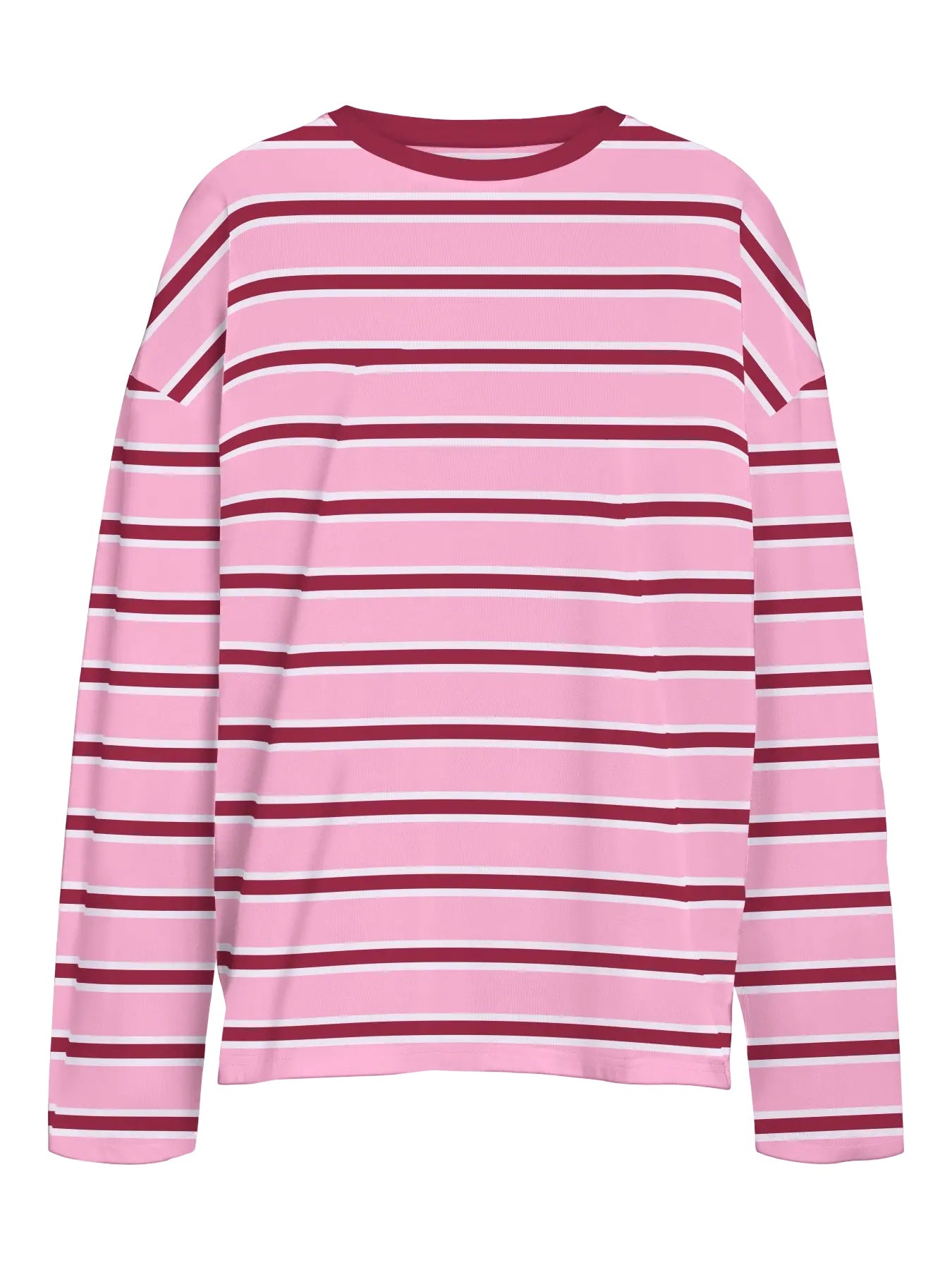 Noisy May Ember long sleeve stripe sweatshirt in Begonia Pink with red and white stripes, front view