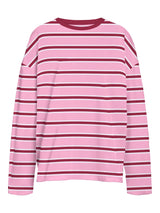 Noisy May Ember long sleeve stripe sweatshirt in Begonia Pink with red and white stripes, front view