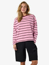 Model wearing the Noisy May pink stripe sweatshirt with black cargo shorts