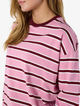 Close up of the round neck and stripes on the Noisy May pink stripe sweatshirt